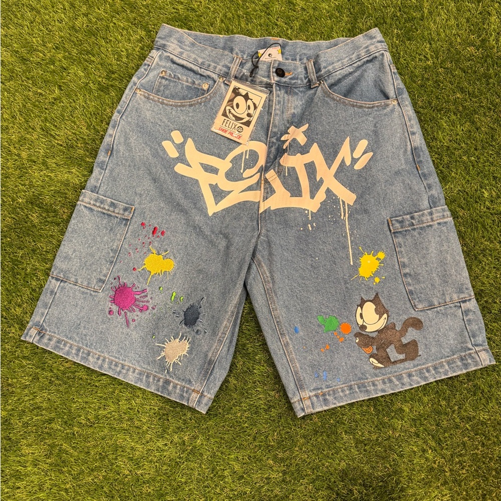 PALACE Blue Denim Shorts with Graphic Print